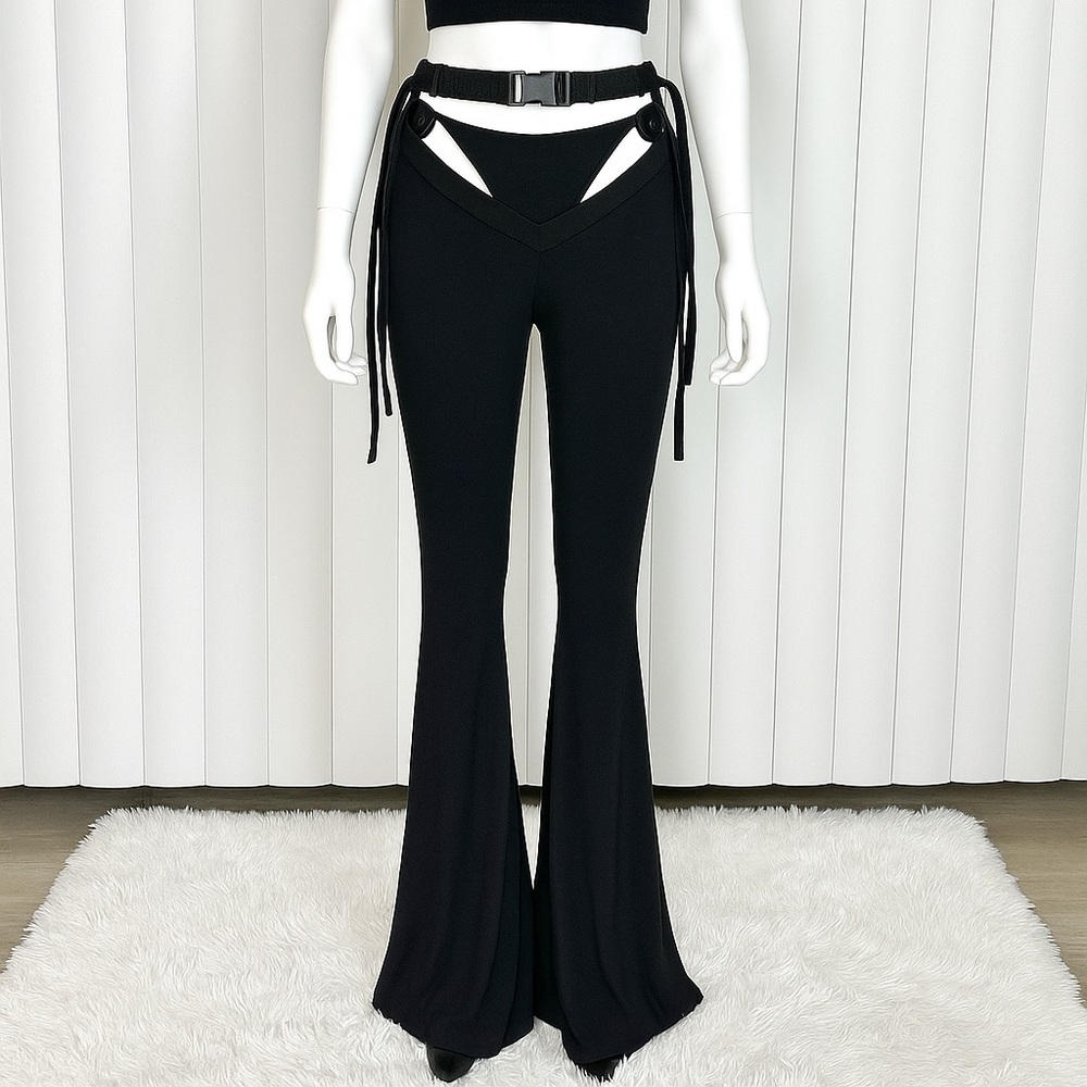 DARKER WAVS Snare Thong Cutout Stretch Flare Pants Exposed Thong Belt Black L